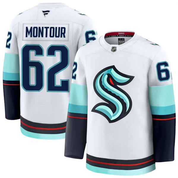 Mens Seattle Kraken #62 Brandon Montour Fanatics Away White Premium Player Jersey 