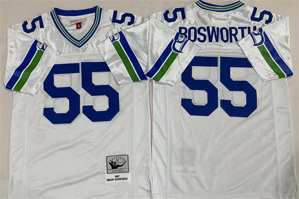  Mens Seattle Seahawks #55 Brian Bosworth 1987 White Mitchell & Ness Legacy Throwback Jersey 
