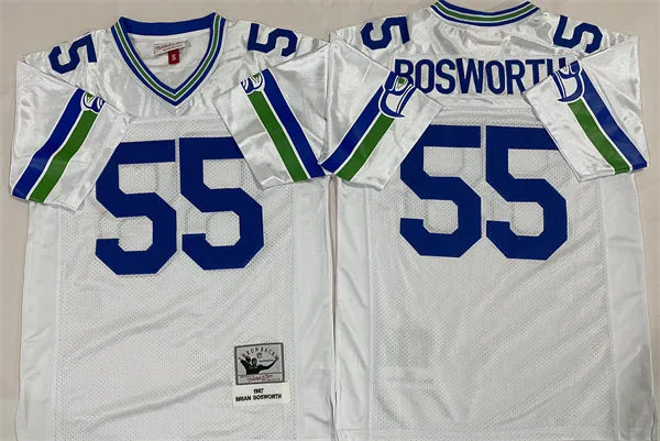  Mens Seattle Seahawks #55 Brian Bosworth 1987 White Mitchell & Ness Legacy Throwback Jersey 