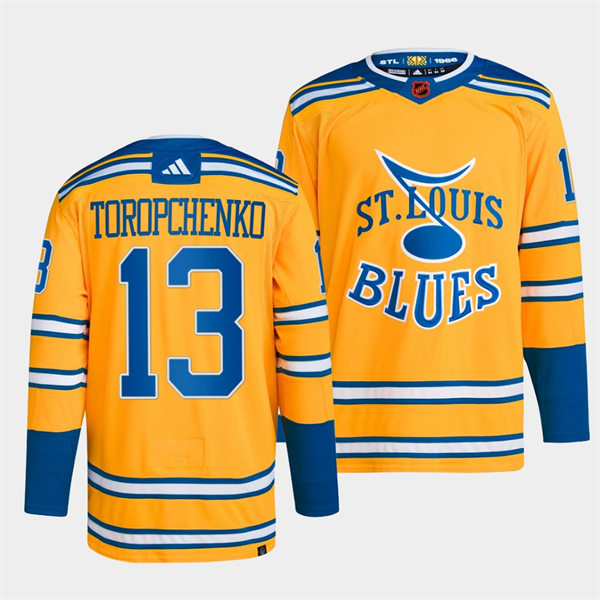  Mens St. Louis Blues #13 Alexei Toropchenko Yellow 2022 Reverse Retro Primegreen Jersey 