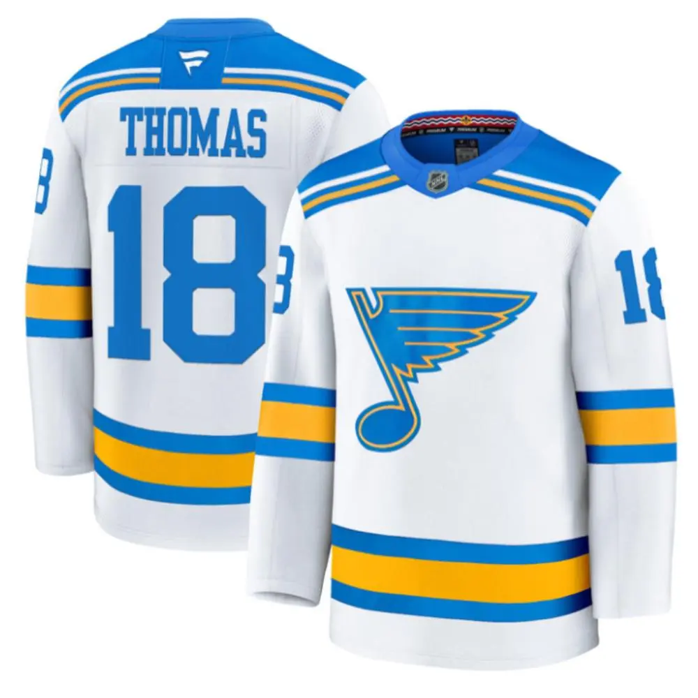  Mens St. Louis Blues #18 Robert Thomas Fanatics 2025 White Away Player Premium Jersey 