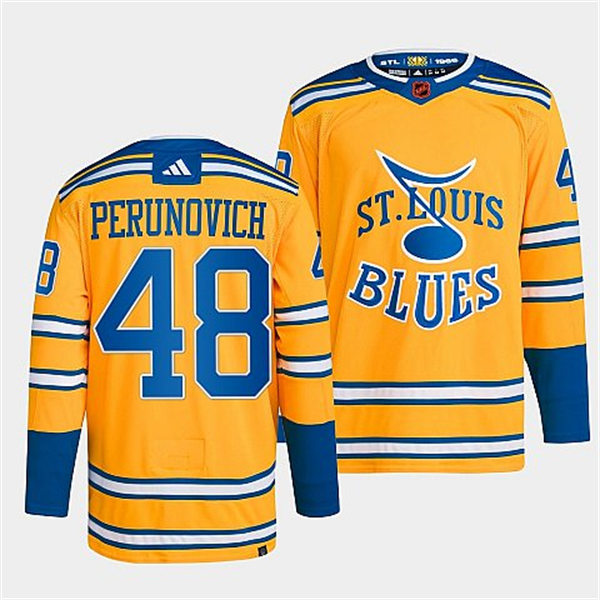  Mens St. Louis Blues #48 Scott Perunovich Yellow 2022 Reverse Retro Primegreen Jersey 