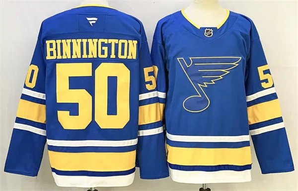  Mens St. Louis Blues #50 Jordan Binnington Fanatics 2025 Home Blue Player Premium Jersey 