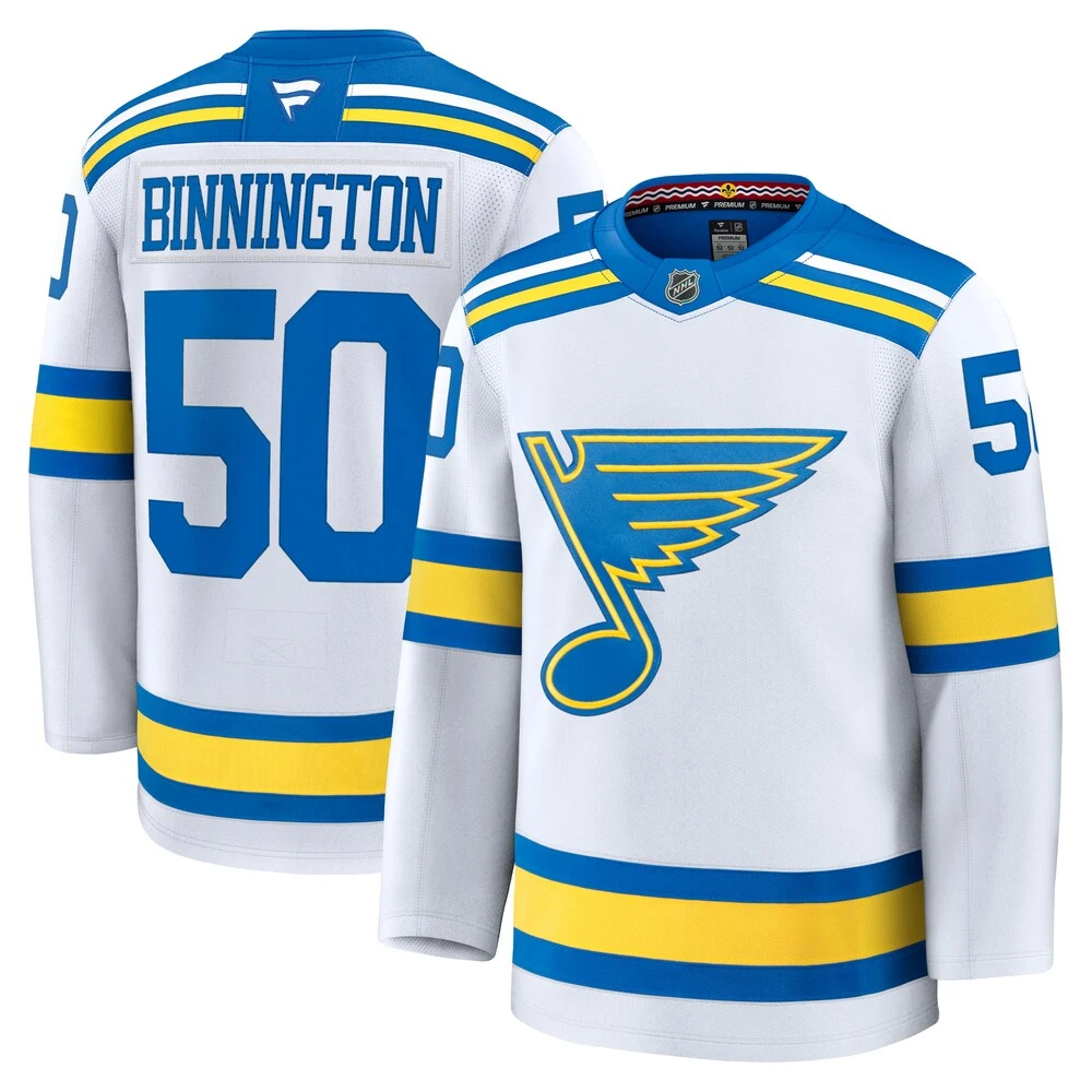  Mens St. Louis Blues #50 Jordan Binnington Fanatics 2025 White Away Player Premium Jersey 
