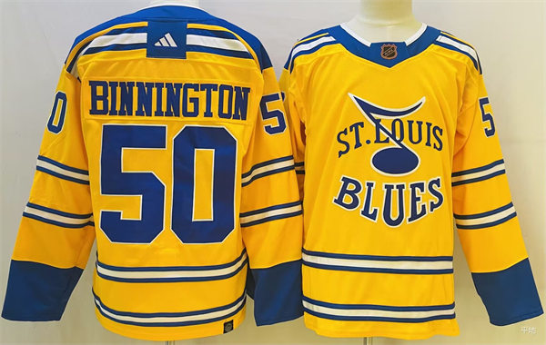  Mens St. Louis Blues #50 Jordan Binnington Yellow 2022 Reverse Retro Primegreen Jersey 