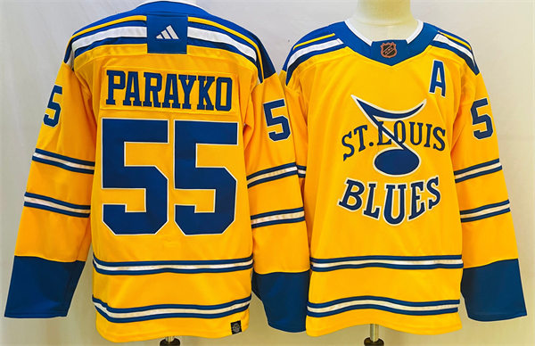  Mens St. Louis Blues #55 Colton Parayko Yellow 2022 Reverse Retro Primegreen Jersey 