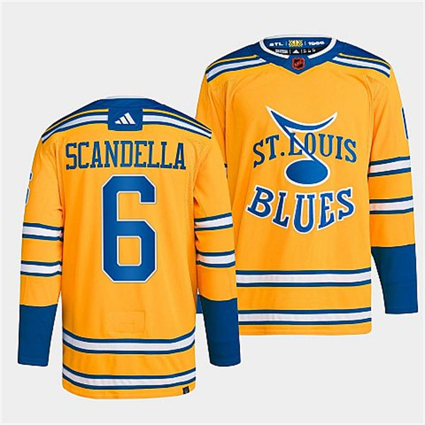  Mens St. Louis Blues #6 Marco Scandella Yellow 2022 Reverse Retro Primegreen Jersey 