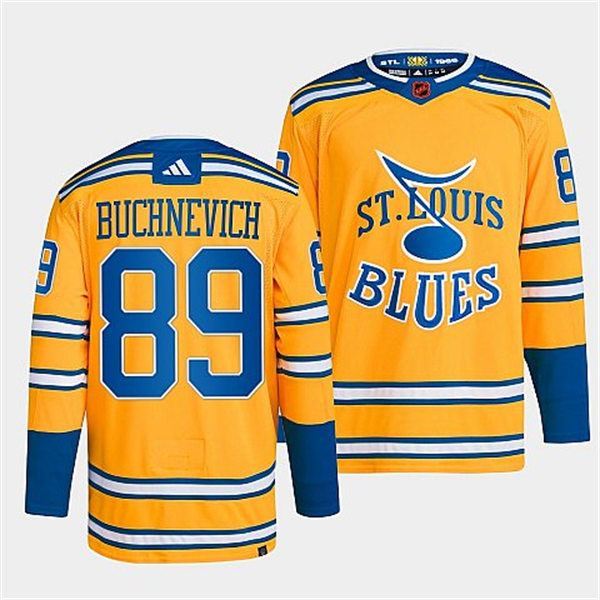  Mens St. Louis Blues #89 Pavel Buchnevich Yellow 2022 Reverse Retro Primegreen Jersey 