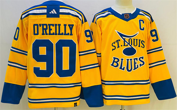  Mens St. Louis Blues #90 Ryan O'Reilly Yellow 2022 Reverse Retro Primegreen Jersey 