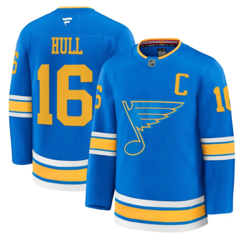  Mens St. Louis Blues Retired Player #16 Brett Hull Fanatics 2025 Home Blue Player Premium Jersey 