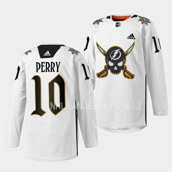  Mens Tampa Bay Lightning #10 Corey Perry 2023 White Gasparilla inspired Skull Logo Jersey 