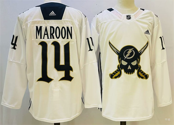  Mens Tampa Bay Lightning #14 Patrick Maroon 2023 White Gasparilla inspired Skull Logo Jersey 