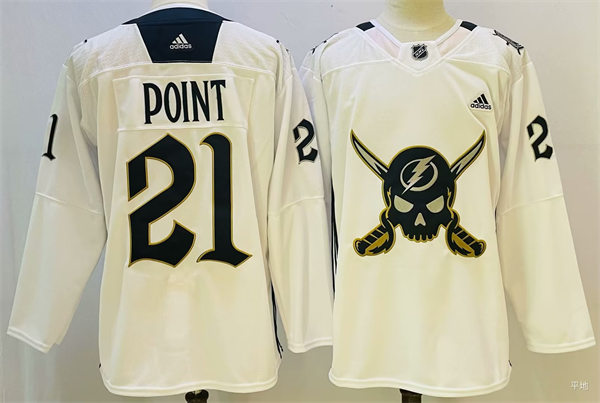  Mens Tampa Bay Lightning #21 Brayden Point 2023 White Gasparilla inspired Skull Logo Jersey 