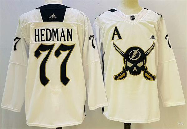  Mens Tampa Bay Lightning #77 Victor Hedman 2023 White Gasparilla inspired Skull Logo Jersey 