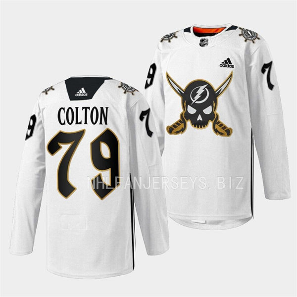  Mens Tampa Bay Lightning #79 Ross Colton 2023 White Gasparilla inspired Skull Logo Jersey 