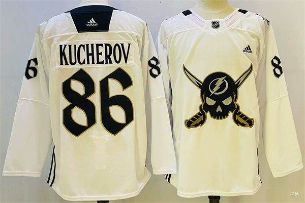  Mens Tampa Bay Lightning #86 Nikita Kucherov 2023 White Gasparilla inspired Skull Logo Jersey (2) 