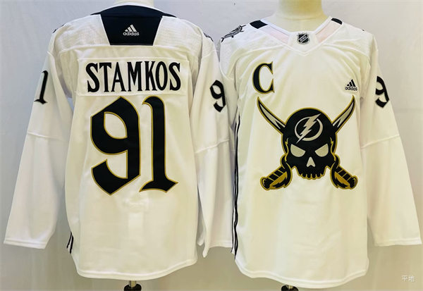  Mens Tampa Bay Lightning #91 Steven Stamkos 2023 White Gasparilla inspired Skull Logo Jersey (1) 