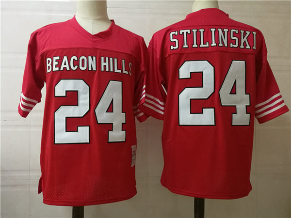  Mens Teen Wolf Beacon Hills Lacrosse #24 Stiles Stilinski Red Movie Football Jersey   