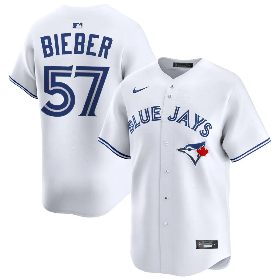  Mens Toronto Blue Jays #57 Shane Bieber Nike White Home Limited Player Jersey 