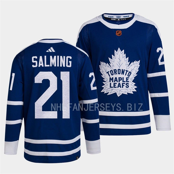  Mens Toronto Maple Leafs Retired Player #21 Borje Salming Blue 2022 Reverse Retro Primegreen Jersey-1 