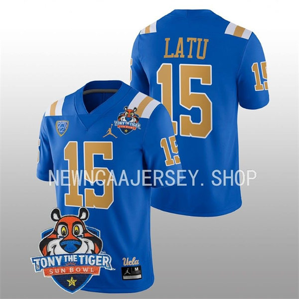  Mens UCLA Bruins #15 Laiatu Latu Blue College Football 2022 Tony The Tiger Sun Bowl Game Jersey 