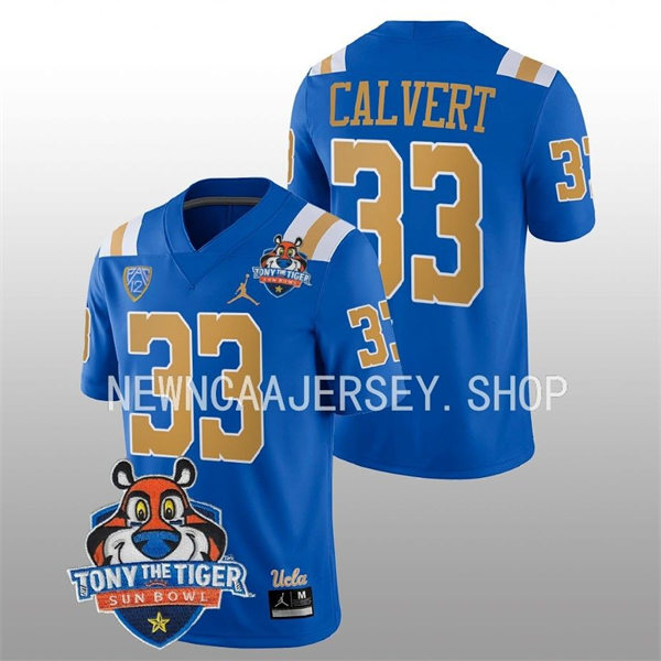  Mens UCLA Bruins #33 Bo Calvert Blue College Football 2022 Tony The Tiger Sun Bowl Game Jersey 