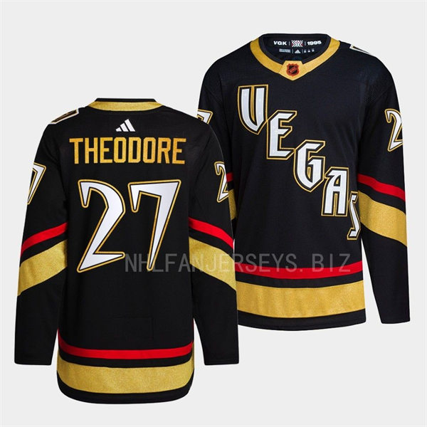  Mens Vegas Golden Knights #27 Shea Theodore Black 2022 Reverse Retro Primegreen Jersey 
