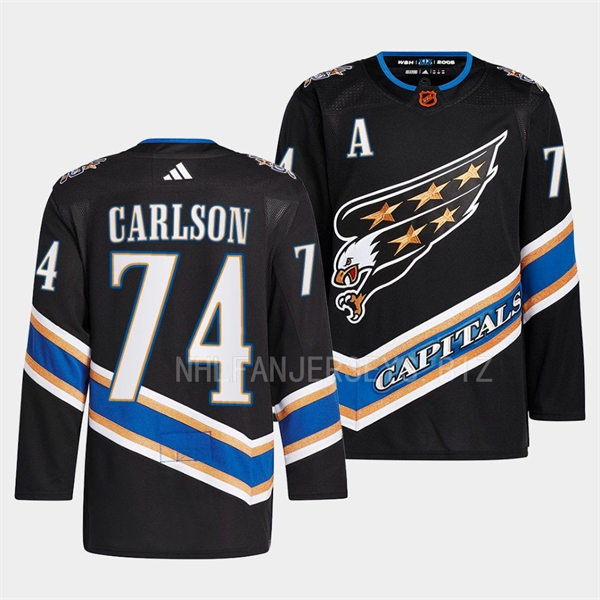  Mens Washington Capitals #74 John Carlson Black 2022 Reverse Retro Primegreen Jersey 
