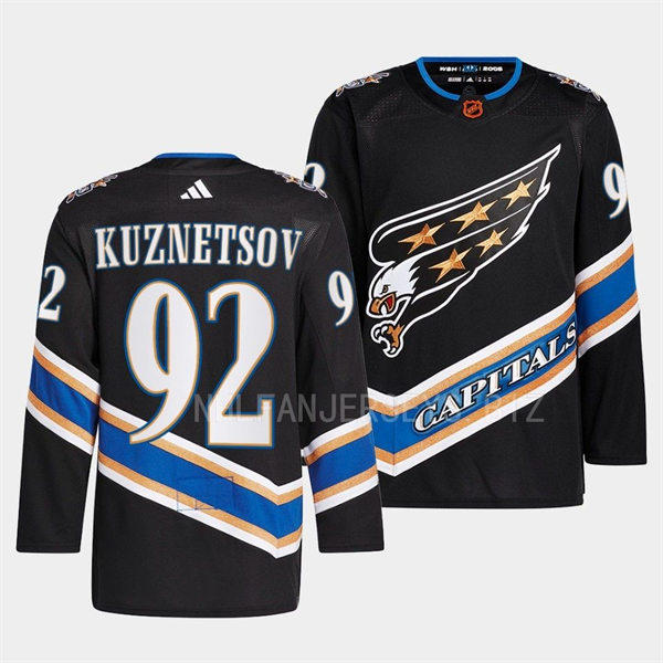  Mens Washington Capitals #92 Evgeny Kuznetsov Black 2022 Reverse Retro Primegreen Jersey 