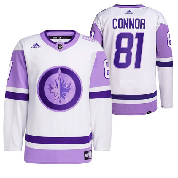  Mens Winnipeg Jets #81 Kyle Connor 2021-22 White Purple Hockey Fights Cancer Primegreen Jersey 