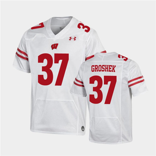  Mens Wisconsin Badgers #37 Garrett Groshek White Stitched Under Armour College Football Jersey