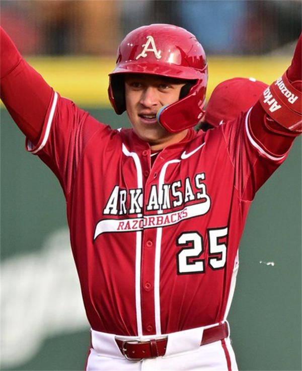  Mens Youth Arkansas Razorbacks #25 Kuhio Aloy 2025 Cardinal Baseball Game Jersey 