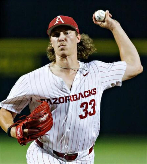  Mens Youth Arkansas Razorbacks #33 Hagen Smith 2024 White Pinstripe Baseball Game Jersey 