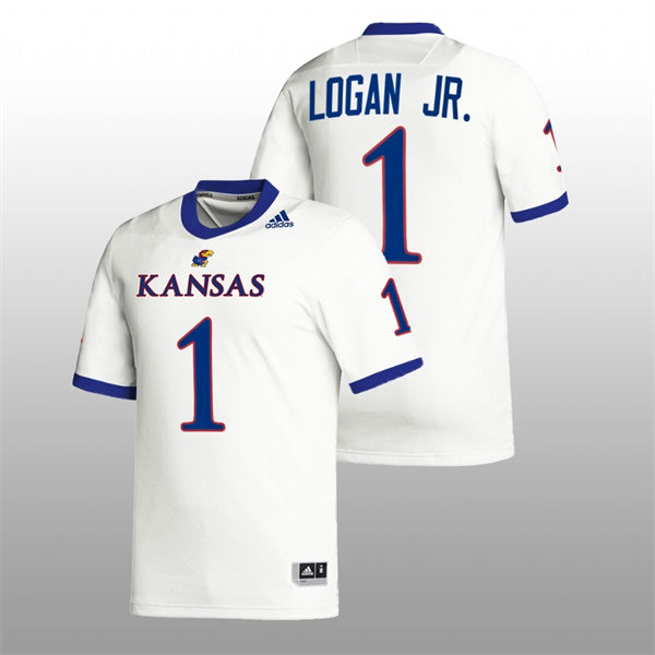  Mens Youth Kansas Jayhawks #1 Kenny Logan Jr. Adidas White College Football Game Jersey 