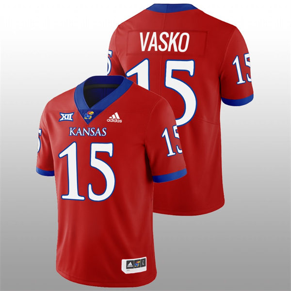  Mens Youth Kansas Jayhawks #15 Ethan Vasko Adidas Red College Football Game Jersey