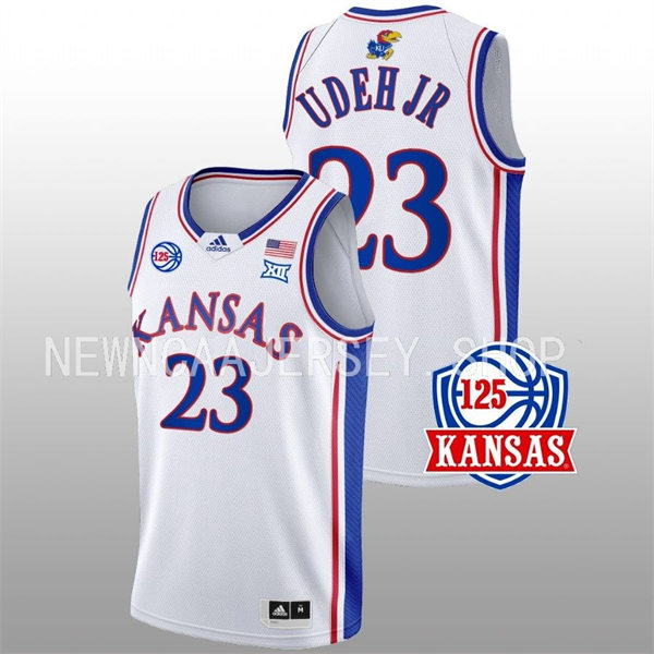  Mens Youth Kansas Jayhawks #23 Ernest Udeh Jr. 2022-23 White 125TH Anniversary Basketball Jersey 