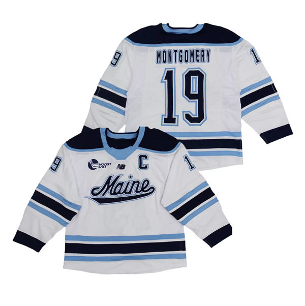  Mens Youth Maine Black Bears #19 Jim Montgomery White College Hockey Game Jersey 