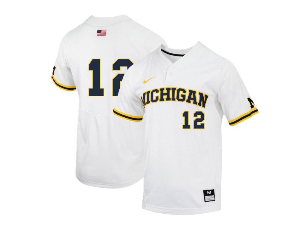  Mens Youth Michigan Wolverines #12 Riley Bertram Nike 2022 White two-Button Pullover College Baseball Game Jersey