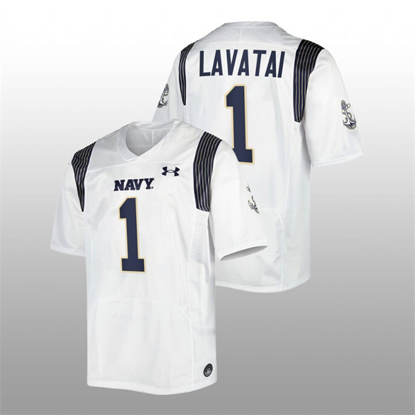  Mens Youth Navy Midshipmen #1 Tai Lavatai 2022 White College Football Game Jersey 