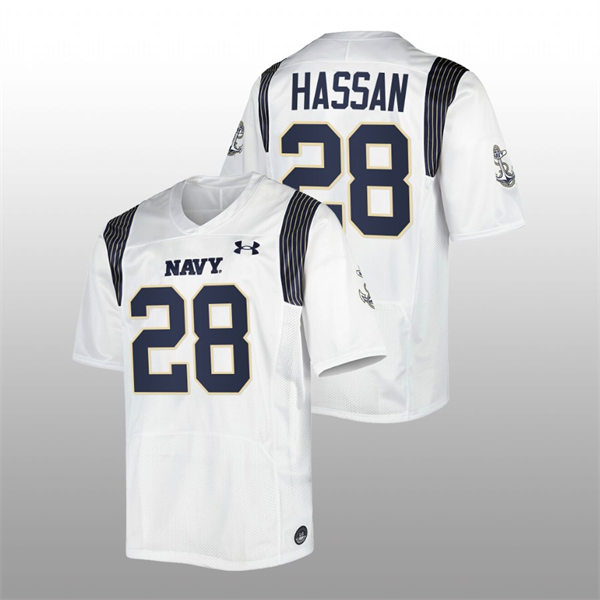  Mens Youth Navy Midshipmen #28 Amin Hassan 2022 White College Football Game Jersey 