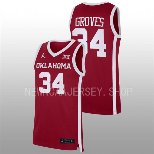  Mens Youth Oklahoma Sooners #34 Jacob Groves 2022-23 College Basketball Game Jersey Crimson 
