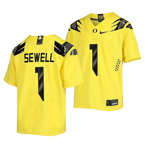  Mens Youth Oregon Ducks #1 Noah Sewell Nike Yellow College Football Game Jersey 