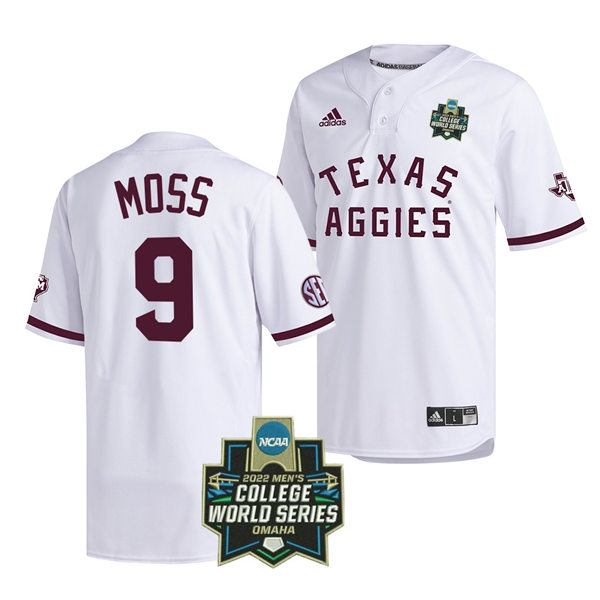  Mens Youth Texas A&M Aggies #9 Jack Moss 2022 White Pullover College World Series Baseball Game Jersey 