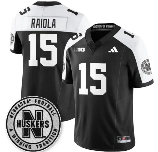  Nebraska Huskers #15 Dylan Raiola Black White Gratitude Limited Football Jersey 