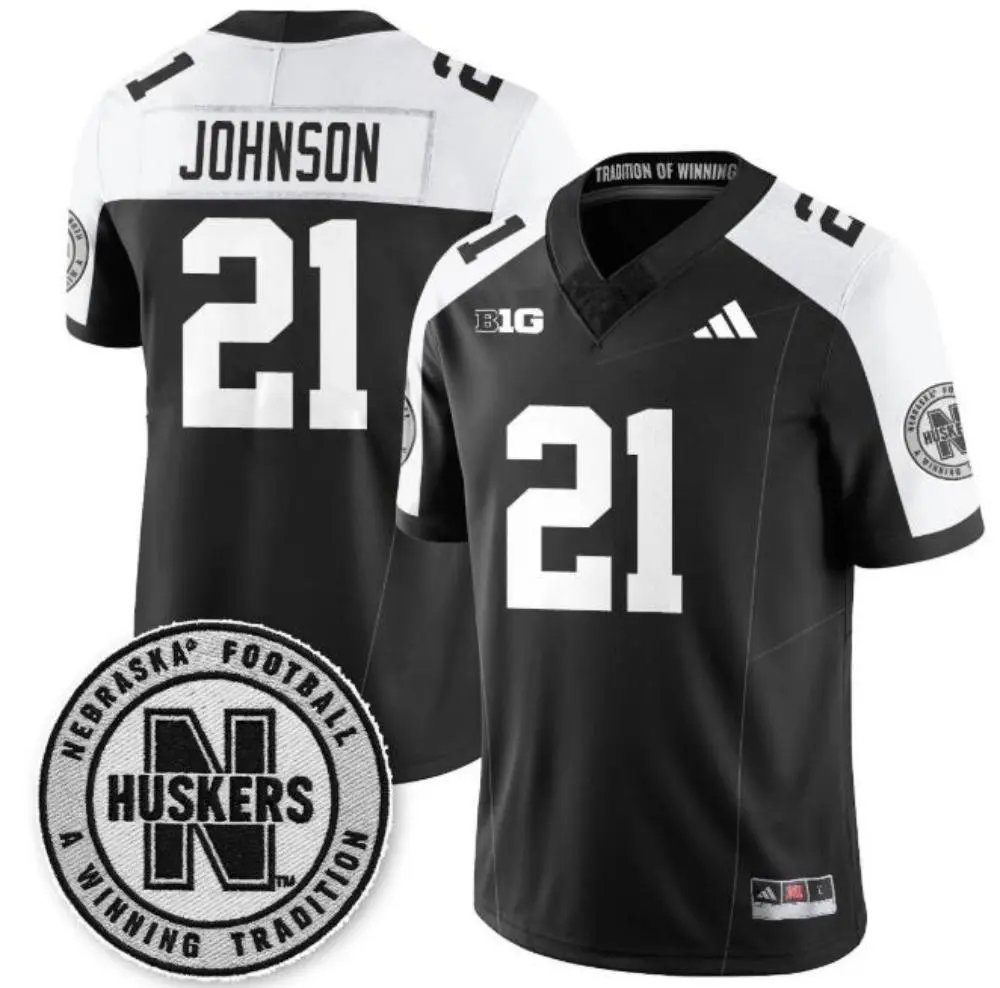  Nebraska Huskers #21 Emmett Johnson Black White Gratitude Limited Football Jersey 