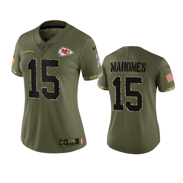  Women's Kansas City Chiefs #15 Patrick Mahomes Olive 2022 Salute To Service Limited Jersey 