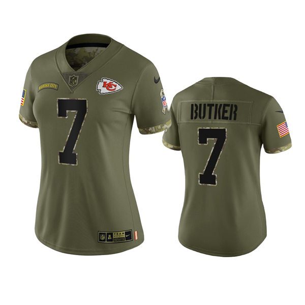  Women's Kansas City Chiefs #7 Harrison Butker Olive 2022 Salute To Service Limited Jersey 