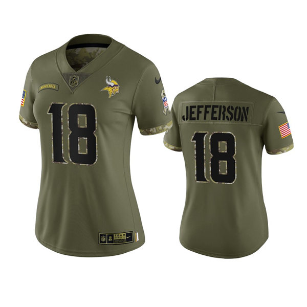  Women's Minnesota Vikings #18 Justin Jefferson Olive 2022 Salute To Service Limited Jersey 