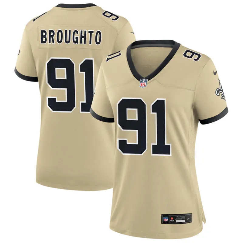  Women's New Orleans Saints #91 Vernon Broughton Nike Gold Gameday Golds Alternate Limited Jersey 