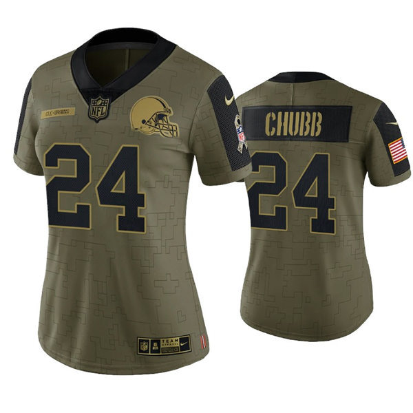  Womens Cleveland Browns #24 Nick Chubb Nike Olive 2021 Salute To Service Limited Jersey 